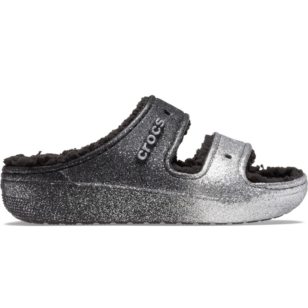 Black/Silver Cozzzy Crocs Fuzzy Sandals